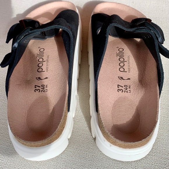 BIRKENSTOCK PAPILLIO Arizona Black Suede Chunky Platform White Sole Sandals 37 - Picture 2 of 6